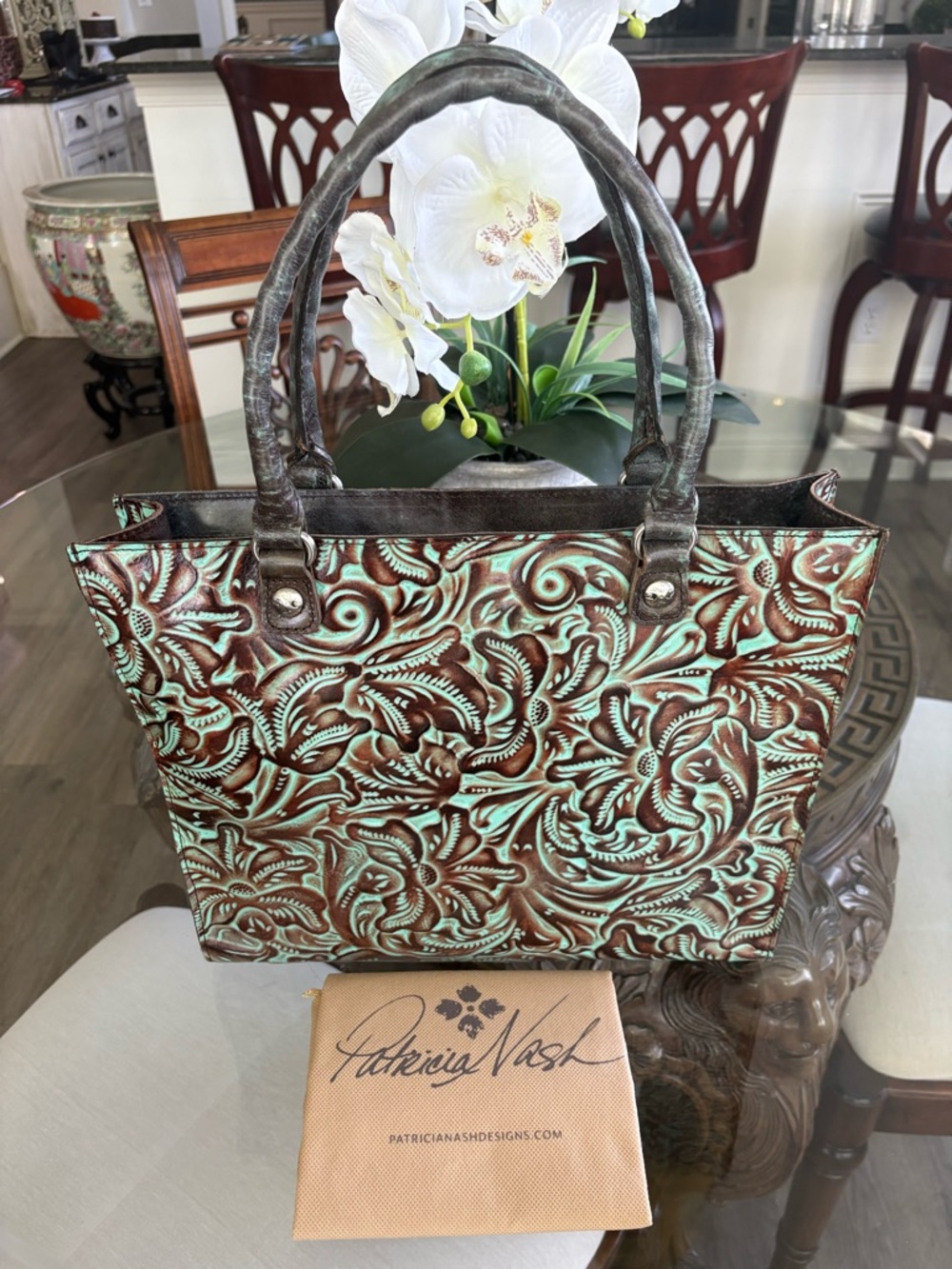 🤎🤎PATRICIA NASH TURQUOISE & BROWN TOOLED LEATHER TOTE BAG!🤎🤎